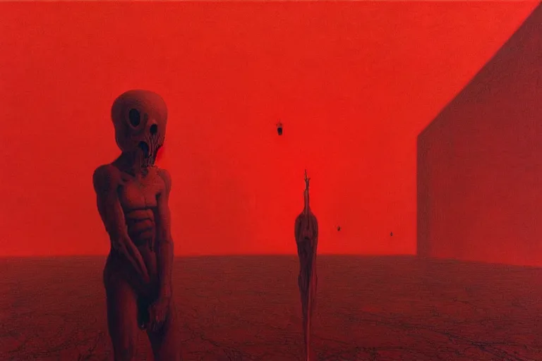 Image similar to only with red, red god of death eat apple, a futuristic city on mars in the background, red worms on the floor, in the style of beksinski, part by hopper, part by rodcenko, part by hofbauer, intricate composition, red by caravaggio, insanely quality, highly detailed, masterpiece, red light, artstation, 8 k