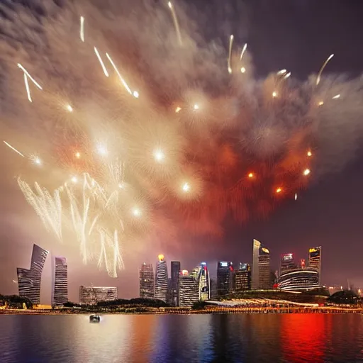Prompt: Singapore city, Singapore Esplanade, Singapore Marina Bay, with a very very very very very lion-shaped cloud in the sky and fireworks in the sky, by greg rutkowski, red and white lighting, digital art, ultra realistic, ultra detailed, photorealistic, 4k, character concept