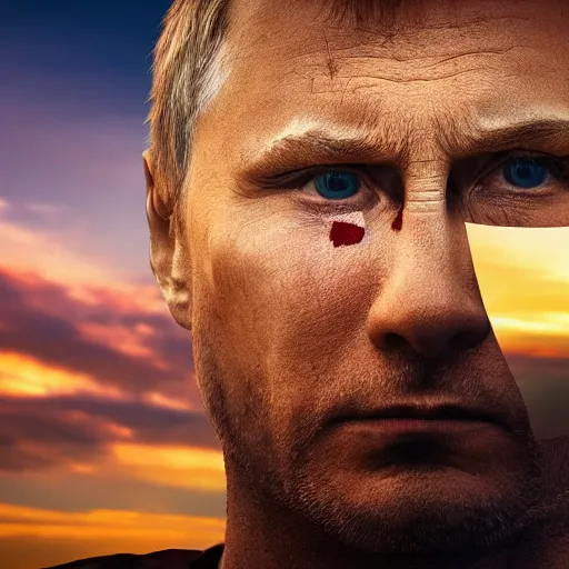 Prompt: close up of wounded putin standing at the edge of a large cornfield staring out in the distance, reflection of a sunset in his crying eyes, photography, highly detailed landscape, intense fantasy atmospheric lighting, hyperrealistic, spectacular mountains, bright clouds, luminous stellar sky, hd