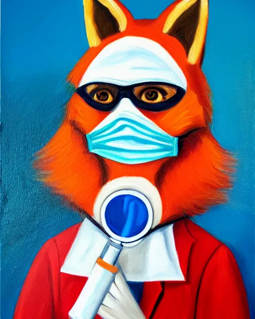 Image similar to oil painting portrait of anthropomorphic female fox animal dressed in labcoat, surgical mask covering mouth, with syringe, fox animal, hospital in background, oil painting,