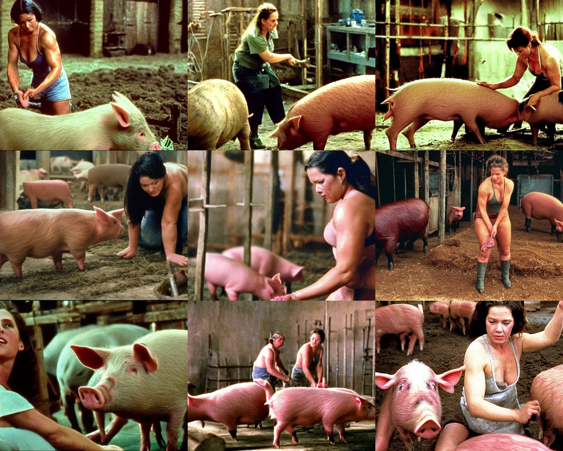 Prompt: color film still, a very muscular beautiful woman tending to pigs in a piggery. ; babe ( 1 9 9 5 )