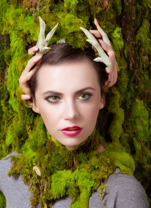 Image similar to a photo of a female model, orgnic headpiece, vines, horn, moss, fashion photography, realistic, hyperdetails, dark grey backdrop studio, tree bark and moss costume