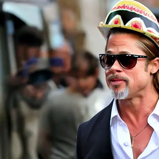 Prompt: brad pitt eating tacos, wearing sombrero, 8 k, trending