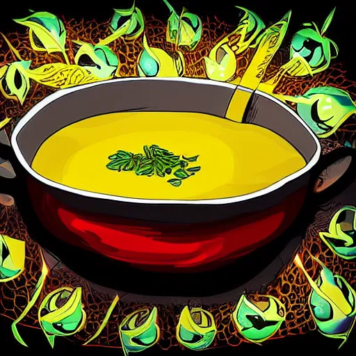 Prompt: A bowl of soup that is also a portal to another dimension, digital art