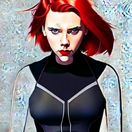 Image similar to phil noto, pretty scarlett johansson black widow, symmetrical eyes, long red hair, full body, city rooftop