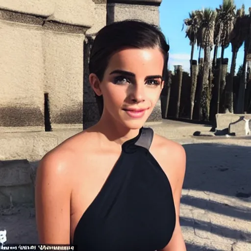 Image similar to a woman who is a genetic combination of kim kardashian and emma watson face and upper - body focus