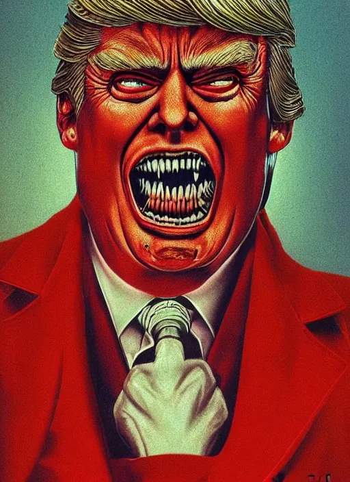 Image similar to donald trump's grotesque true form revealed, horror, high details, intricate details, by vincent di fate, artgerm julie bell beeple, 1 9 8 0 s, inking, vintage 8 0 s print, screen print