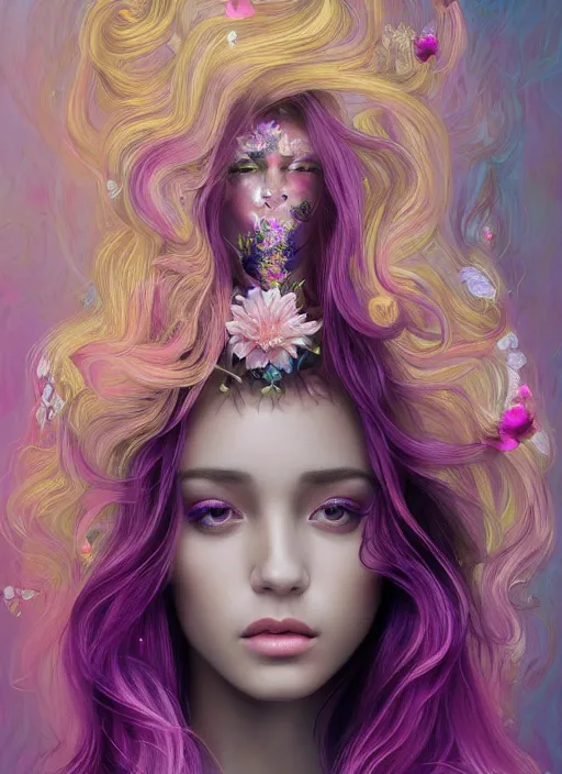 Prompt: beautiful young woman, extremely detailed gorgeous face, sad eyes, tears, sexy body and face, pink and purple hair, vaporwave aesthetic, synthwave, long luxurious gown, colorful, psychedelic, intricate, elegant, highly detailed, digital painting, artstation, concept art, smooth, sharp focus, illustration, art by artgerm and greg rutkowski and alphonse mucha