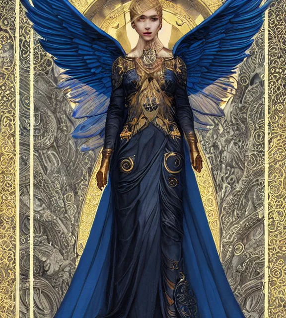 Image similar to god of death, in the underworld, elegant dark blue dress, very detailed, throne, very intricate details, jewelry, gold line tattoos, elaborate long hairstyle, wings, cinematic, artstation, william bouguereau, alphonse mucha, greg rutkowski, rossdraws, octane render