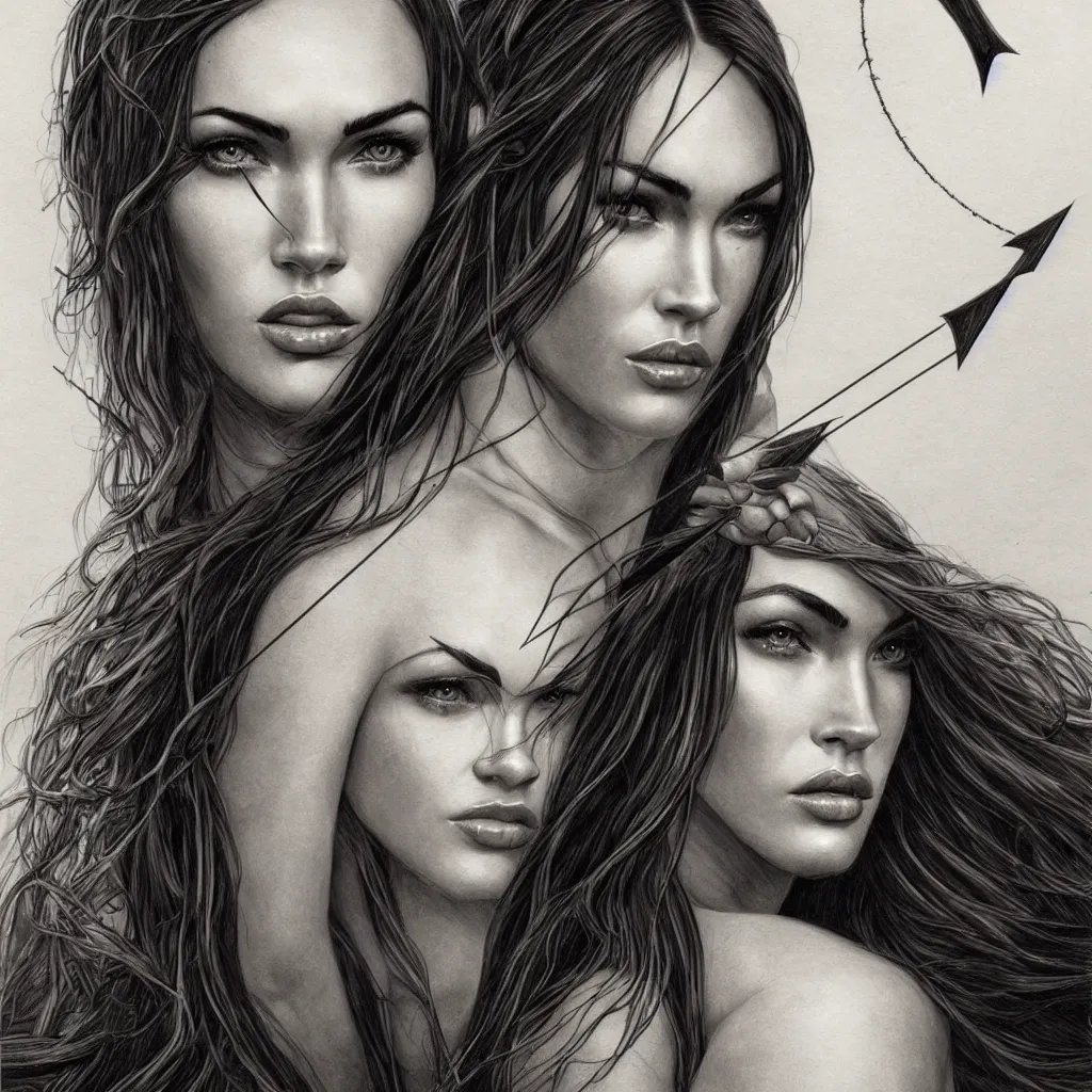 Image similar to portrait of beautiful megan fox as greek goddess aphrodite, archer, arrow on the head, beautiful piercing eyes, flowing blonde hair, realistic face, black and white drawing, in the style of greg rutkowski, fantasy, amazing detail, epic, intricate, elegant, smooth, sharp focus