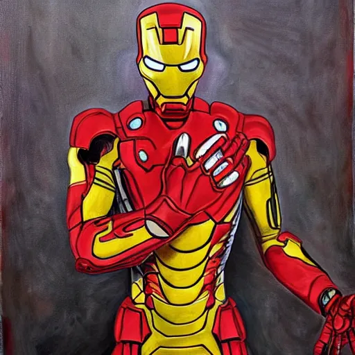 Image similar to death-camp-survivor-super-skinny-emaciated-horribly-skinny-Laughing-Cheerfully-Iron-Man painting by Thomas-Montacellinio