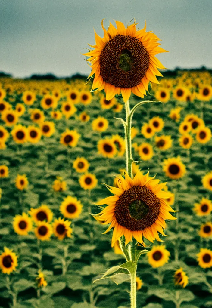 Image similar to A communist Propaganda Poster of a single sunflower in a vast dry field.