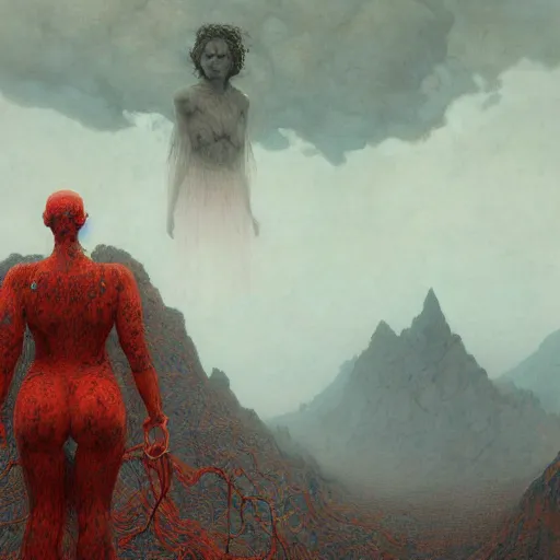 Image similar to A giant woman, wearing clothes made out of thunder clouds and flowers red skin, mountains, Masterpiece, glowing, wires everywhere, by Edgar Maxence and Ross Tran, Zdzisław Beksiński, and Michael Whelan, distant, gustav dore, H.R. Giger, 8k, octane render