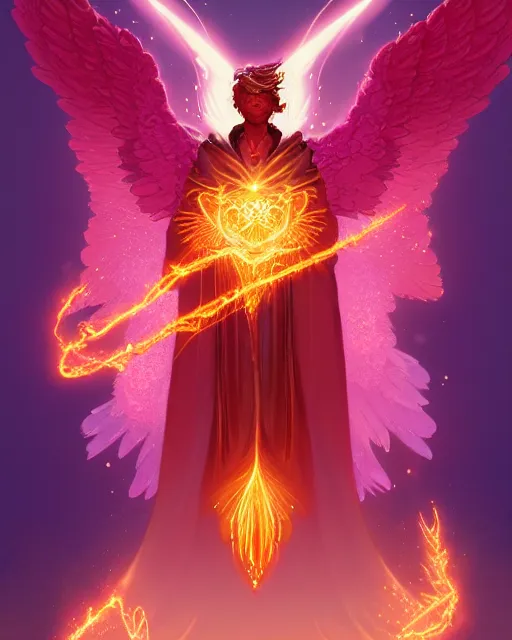 Prompt: a character portrait of only one male angel of justice with golden fiery wings, surrounded with spiriling sparkling rose crystals, by peter mohrbacher, hyper light drifter, by ilya kuvshinov katsuhiro, jim burns, wadim kashin, greg rutkowski, trending on artstation