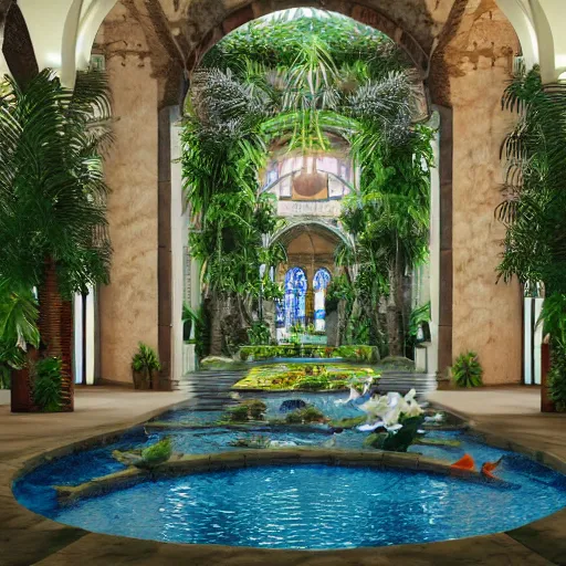 Image similar to cathedral interior with koi pond in the middle surrounded by palm trees, flowers, roses, tropical plants, and archways. photorealistic lighting rendered in octane