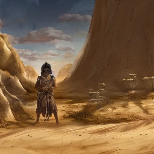 Image similar to extreme long shot of a sacred warrior isolated community living in an oasis in the middle of a large sand desert, digital painting, matte painting, highly detailed, art by mappa, art by kyoani, art by wit studio, art by studio bind