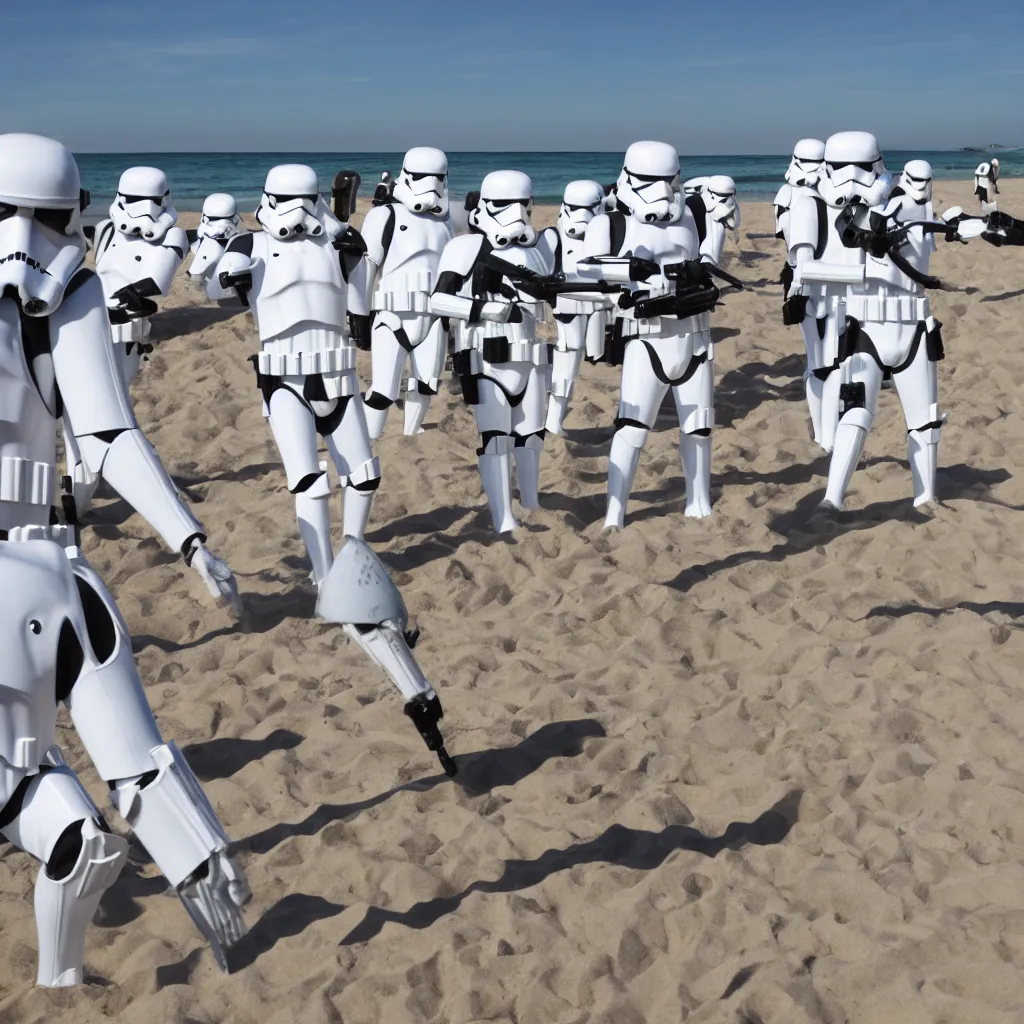 Image similar to a group of imperial stormtroopers playing beach volleyball