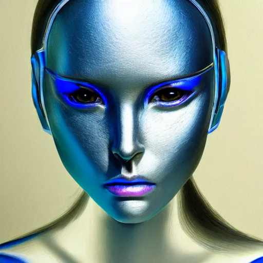 Image similar to portrait of a female android made of steel, face completely covered in phthalo blue filigree, glowing blue eyes, filigree, elegant, sharp focus, graceful, master crafted, trending on artstation, award winning, beauty,