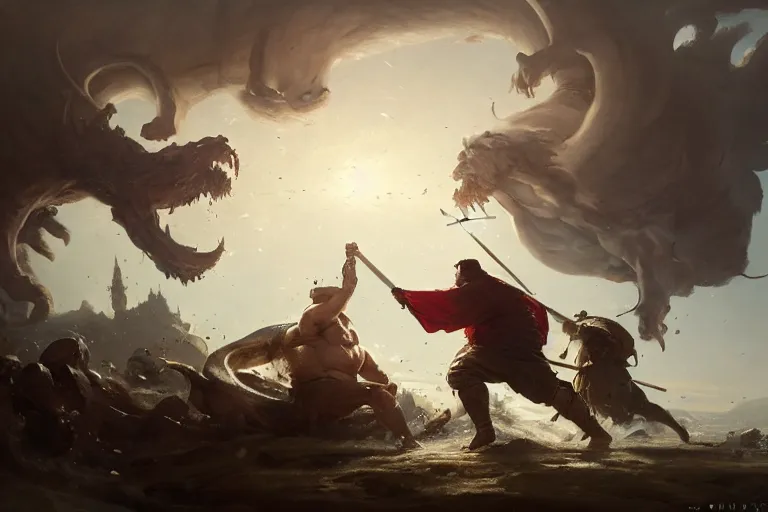 Prompt: a dynamic painting of a medieval man fighting a gigantic white fat monster, obese monstrosity fight by greg rutkowski, realism, ultra detailed, 8 k resolution