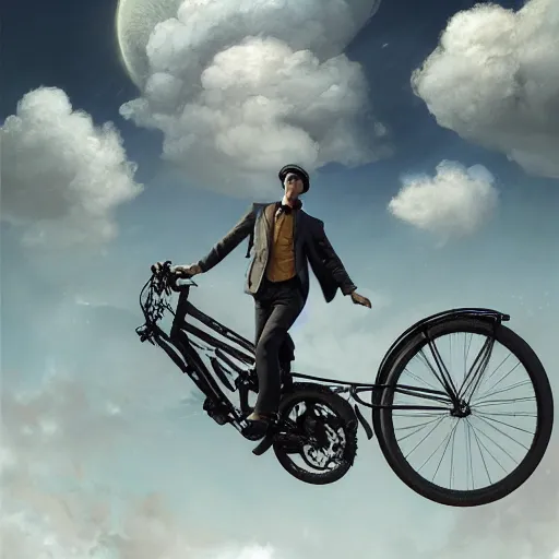 Prompt: A fancy portrait of a happy man flying in the sky on his bicycle in the clouds, perfect expression, Greg Rutkowski, Sung Choi, Mitchell Mohrhauser, Maciej Kuciara, Johnson Ting, Maxim Verehin, Bloodborne, 8k photorealistic, volumetric lighting, HD, high details, dramatic, warm atmosphere, trending on artstation