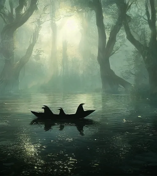 Prompt: three crows in a little boat in a swamp, volumetric lighting, majestic light, octane render, ethereal glare of the sun, hyperrealistic, epic, masterpiece, by greg rutkowski