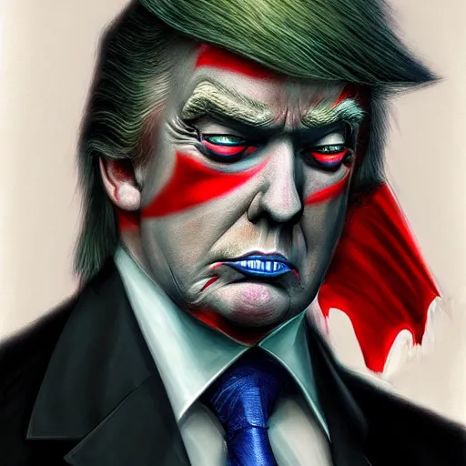 Image similar to portrait of donald trump dracula showing his fangs, intricate, elegant, highly detailed, centered, grungy, digital painting, artstation, concept art, smooth, sharp focus, boris vallejo