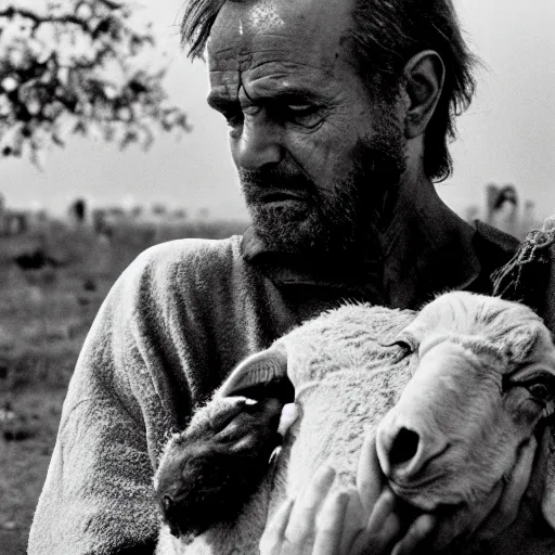 Image similar to cinematic still of man in ancient Canaanite clothing cradling a lamb, sad, anguished, somber, serious, directed by Terrence Malick