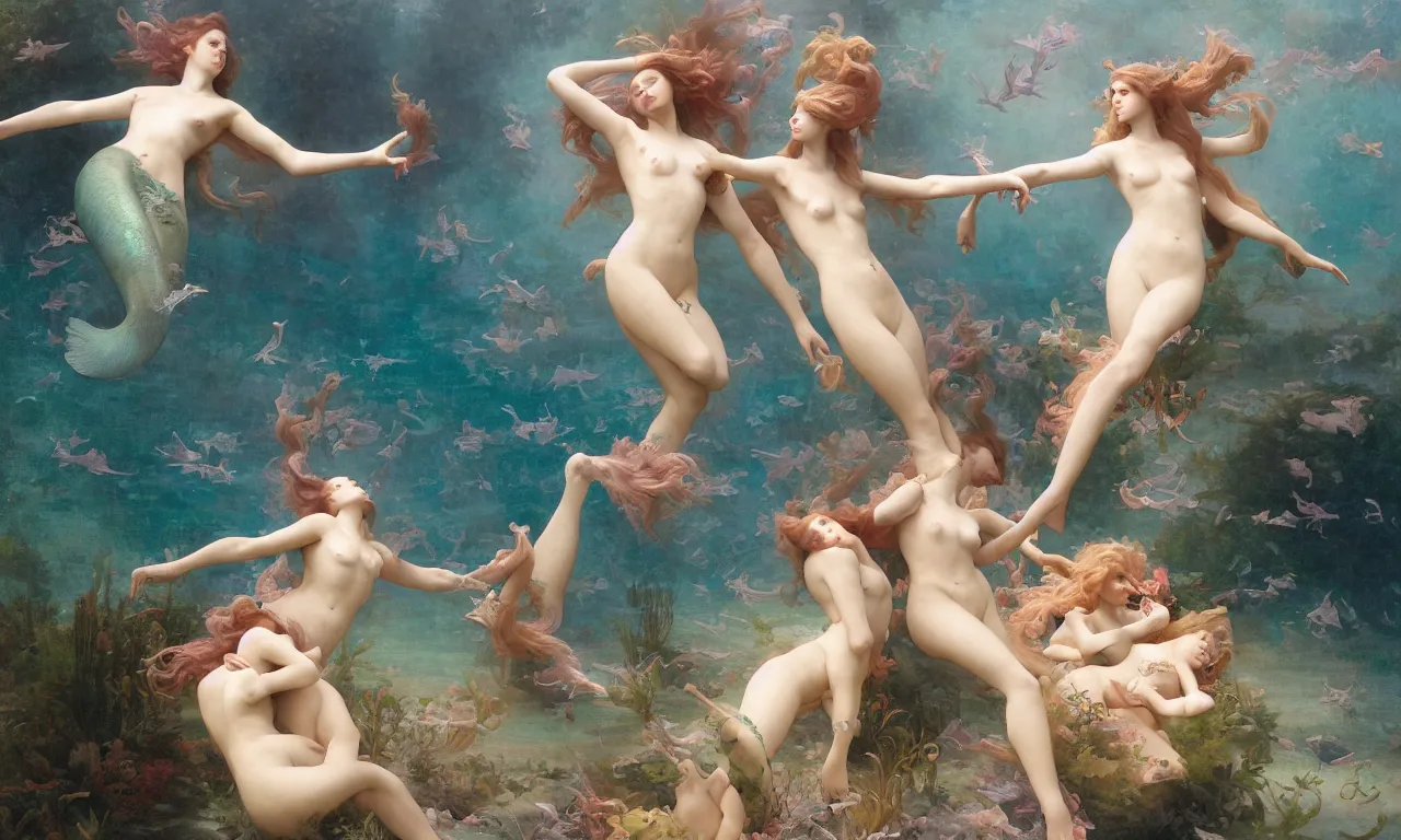 Prompt: a luminous springtime fairytale of beautiful realistic mermaids frolicking together among sea creatures in the romantic underwater baroque kingdom of Neptune. Neon light, masterpiece 4k digital illustration by Ruan Jia and Mandy Jurgens and William-Adolphe Bouguereau, award winning, Artstation, Gustave Dore' background, intricate details, realistic, panoramic view, volumetric lighting, sun rays beaming, Hyperdetailed, 8k resolution, golden hour, intricate art nouveau, smooth, sharp focus, rendered in Unreal Engine 3