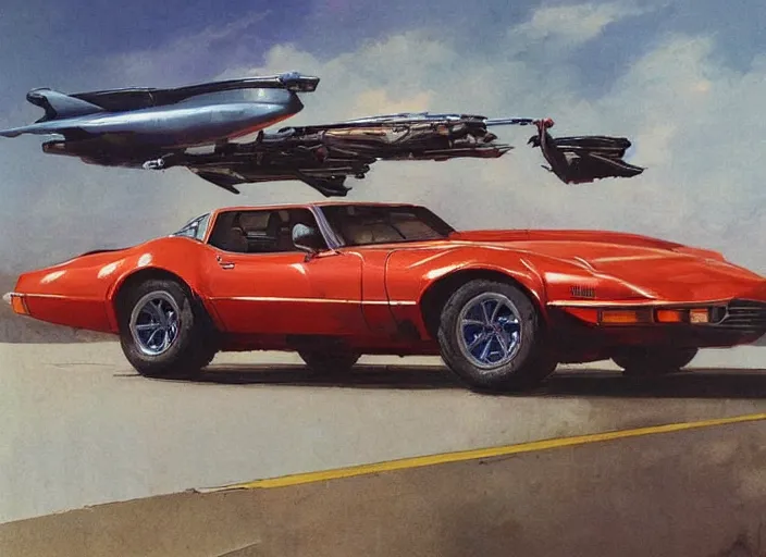 Prompt: ( ( ( ( ( 1 9 8 2 pontiac trans am, jaguar e - type, car concept art, sci - fi illustration, painting ) ) ) ) ) by vincent di fate and john berkey!!!!!!!