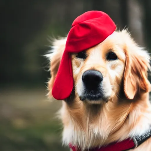 Image similar to photography of a golden _ retriever with a red cap, cinematic film, bokeh