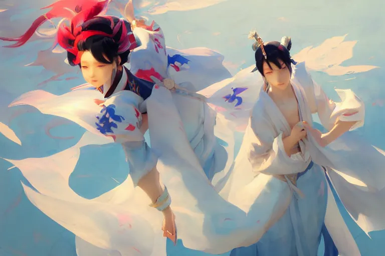 Prompt: onmyoji, onmyoji detailed art, vibrant colors and hard shadows and strong rim light, light blue sky, cool white color temperature, painting by zeronis and craig mullins, art by wlop