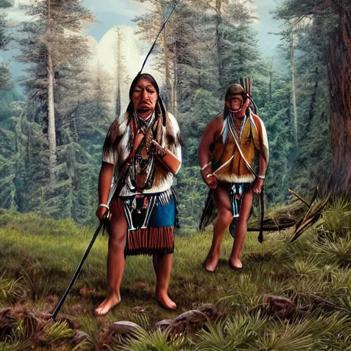 native americans hunting in the forest, realistic