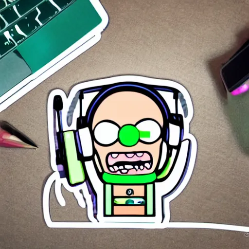 Prompt: a pickle-rick, svg sticker, vector art, wearing headphones, jamming to music