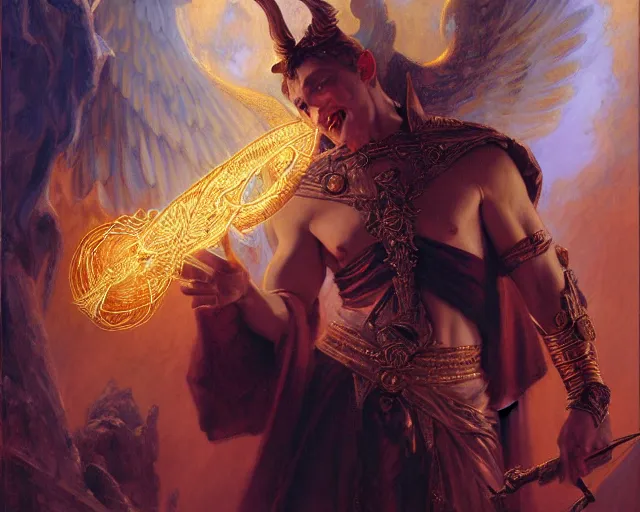 Image similar to attractive male deity, casting demonic magic, summoning handsome lucifer morning star. highly detailed painting by gaston bussiere, craig mullins, j. c. leyendecker 8 k