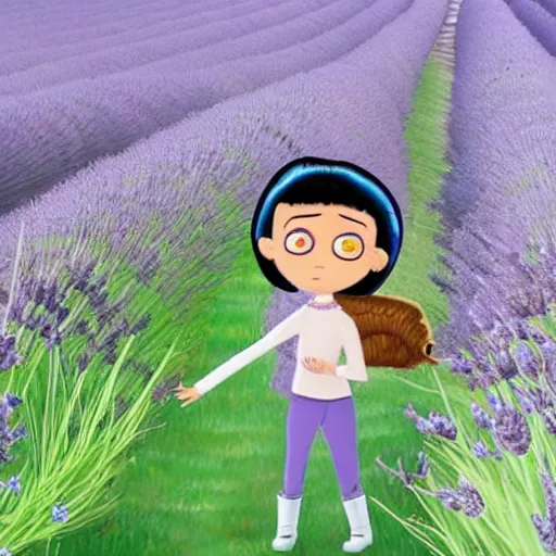 Image similar to angela anaconda reciting poetry in a field of lavender, in the style of arthur adams