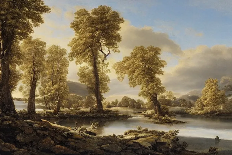 Image similar to beautiful landscape with winter river and oak trees, mythology, fantasy, landscape background, vivid colors, digital painting, very detailed, realistic, high quality, by claude lorrain