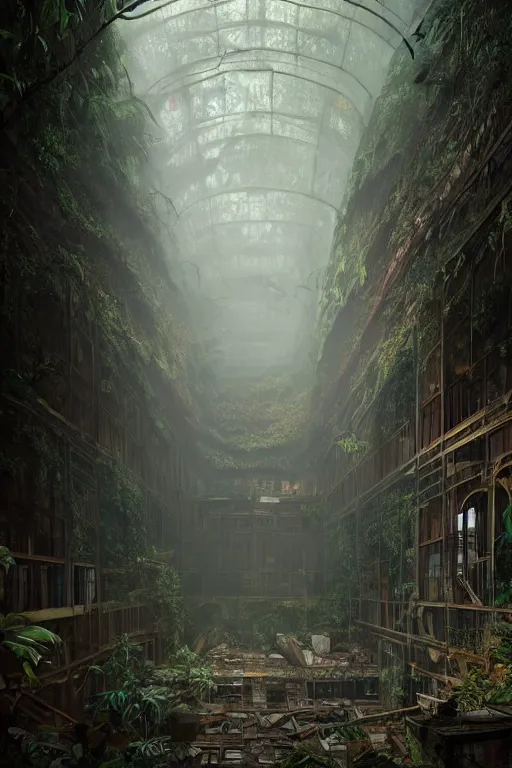 Prompt: decaying interior of an ( ( old library ) ) with a rainforest growing inside, dawn scenery, highly detailed, intricate detail, realistic shaded lighting, beautiful 3 d rendering, octane render, hyperrealistic, trending on artstation, by greg rutkowski and simon stalenhag