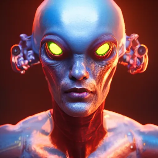 Prompt: a hyper real comic book style portait painting of an alien with 5 eyes and three heads, unreal 5, hyperrealistic, octane render, cosplay, rpg portrait, dynamic lighting