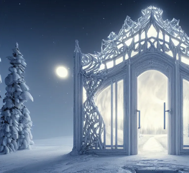 Prompt: a very detailed concept art of intricate and scandinavian white gates to aurora borealis infused with magic, dynamic lighting trending on artstation, symmetry, digital art, 4 k, hyper realistic, octane render, sharp focus