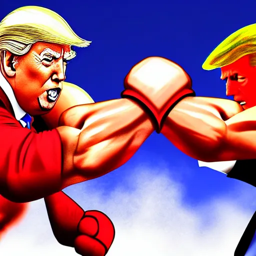 Prompt: joe biden vs donald trump, street fighter, fight, fistfight, digital art