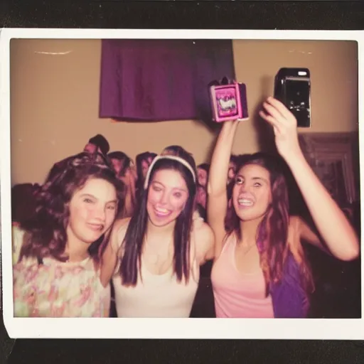 Prompt: faded polaroid photo of beautiful sorority girls at a wild college party, selfie polaroid