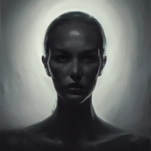 Prompt: Face of a beautiful woman with very black hair, intimidating woman, large black eyes, high forehead, smooth pale skin, ethereal skin, ominous, eldritch. oil painting by nuri iyem, james gurney, james jean, greg rutkowski, highly detailed, soft lighting, chiaroscuro