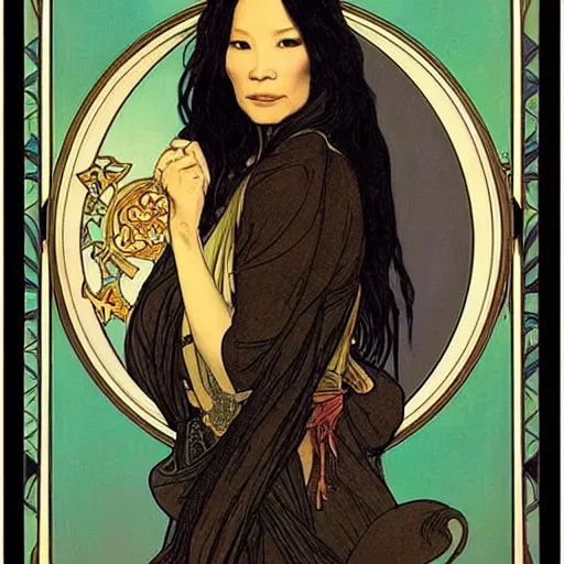 Image similar to lucy liu portrait by louis - theophile hingre and alphonse mucha, realistic, sharp focus, zodiac signs, tarot cards, planets, ethereal, art nouveau, magic, moon, sun, crown, dreamy, royal, jewellery