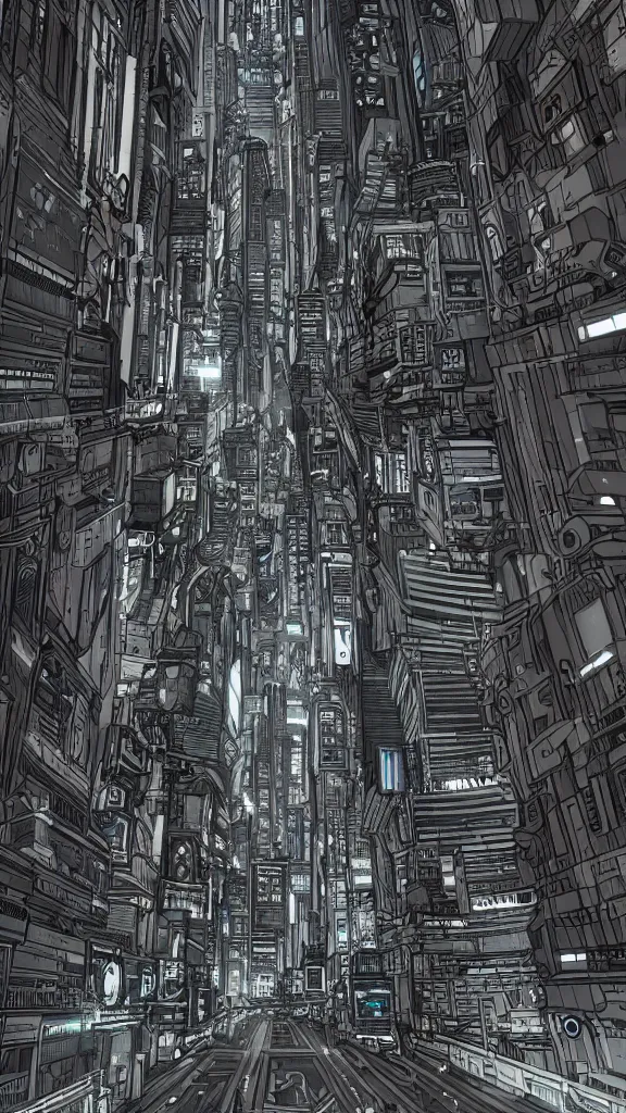 Image similar to detailed cyberpunk graphic novel style 3 point perspective view of a future city