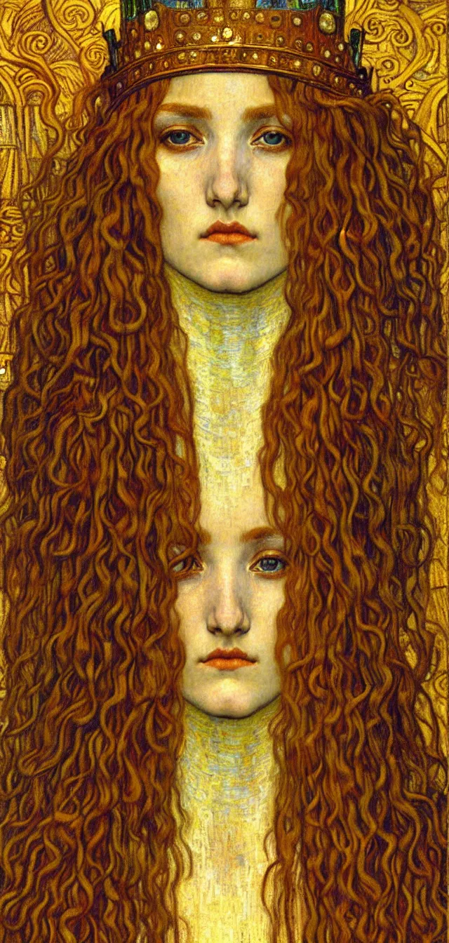 Image similar to detailed realistic beautiful young medieval queen face portrait by jean delville, gustav klimt and vincent van gogh, art nouveau, symbolist, visionary, gothic, pre - raphaelite, muted earthy colors, desaturated