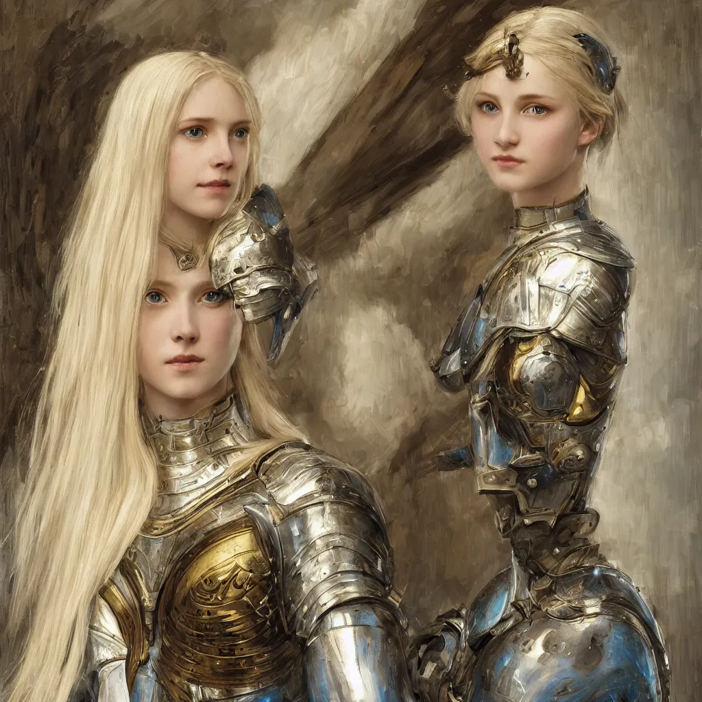 Prompt: armored beautiful pale platinum - blonde young woman with light blue eyes, soft gaze, a golden round halo around her head, wearing a fine decorated silver breastplate, painted by john william waterhouse : : 0. 5, epic fantasy, masterpiece, portrait, fine art, digital art, detailed, ultra - hd, cinematic, volumetric, intricate