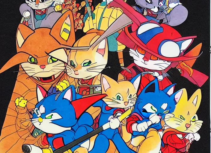 Prompt: samurai pizza cats, ink and watercolor illustration masterpiece, perfectly realistic yet surreal, by ryan ottley and mœbius and hayao miyazaki and akira toriyama