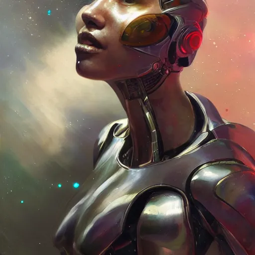 Image similar to galaxy surfing stunning cyborg, expressive oil painting, by yoshitaka amano, by greg rutkowski, by jeremy lipking, by artgerm,, h e giger, digital art, octane render