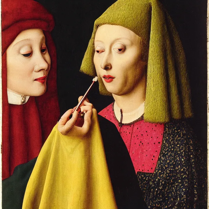 Prompt: close up of a woman putting on garish make - up. jan van eyck