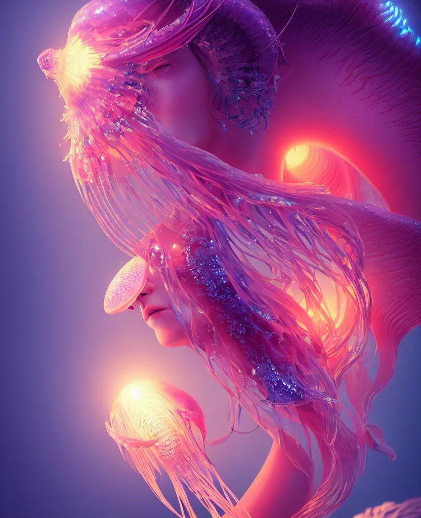 Image similar to goddess close-up portrait. orchid jellyfish phoenix head, nautilus, skull, betta fish, bioluminiscent creatures, intricate artwork by Tooth Wu and wlop and beeple. octane render, trending on artstation, greg rutkowski very coherent symmetrical artwork. cinematic, hyper realism, high detail, octane render, 8k